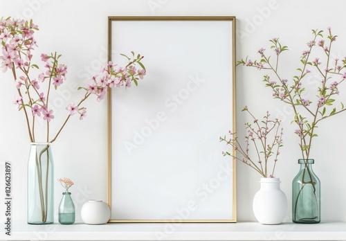 Framed poster mockup on white shelf with vases of spring flowers  in a golden frame.