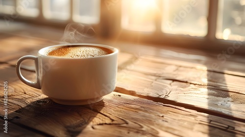 Steaming Mug of Coffee on Rustic Wooden Table with Soft Morning Sunlight