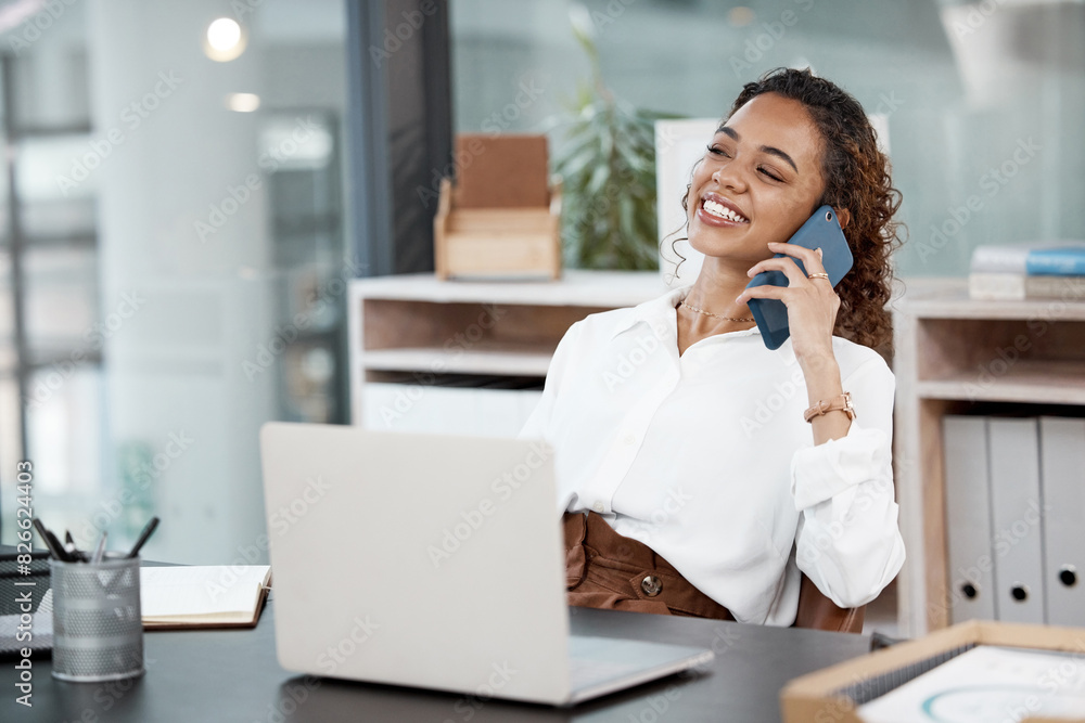 Businesswoman, laptop and happy in office with phone call for customer service with inquiry. Communication, copywriter and consult for feedback with talking, conversation and smile in Germany. Businesswoman, laptop and happy in office with phone call for customer service with inquiry. Communication, copywriter and consult for feedback with talking, conversation and smile in Germany.