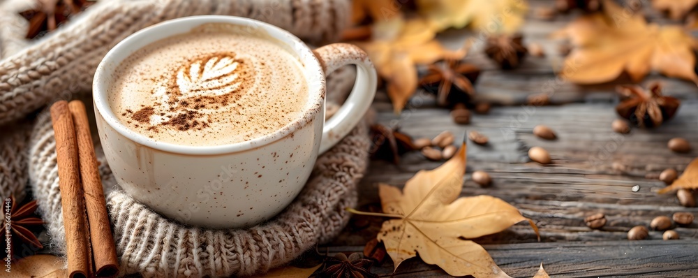 Cozy Autumn Cappuccino with Cinnamon Stick on Warm Wooden Background Cozy Autumn Cappuccino with Cinnamon Stick on Warm Wooden Background