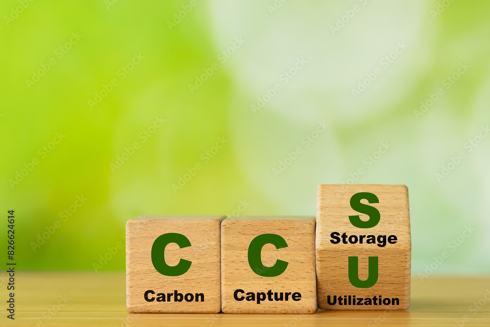 Wooden cubes form the symbol CCU (carbon capture utilization) and CCS (carbon capture storage). Environmental Business concept, Net zero action, Save energy, green energy, reduce carbon footprint