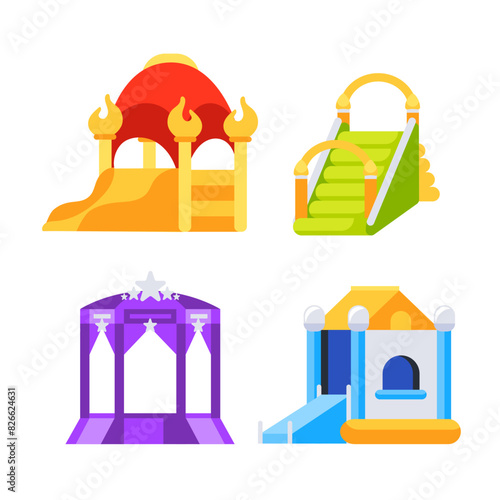 Inflatable children hills and castles on playground. Childhood activity in the park.