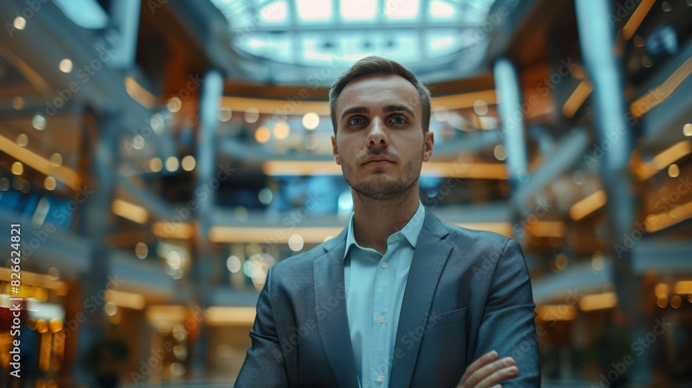 A man in a suit stands in a large, empty building, business people concept A man in a suit stands in a large, empty building, business people concept