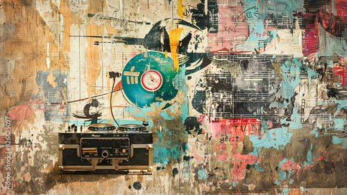 Vintage poster of a DJ playing music an old turquoise record player in the style of collage-like compositions, illustration in pastel colors. photo