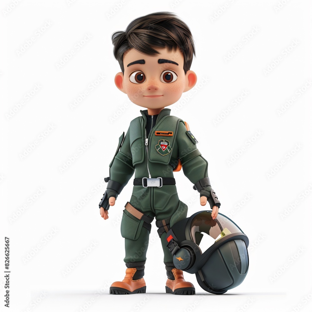 Cute Boy Cartoon in 3D Style Wearing Fighter Pilot Suit, Holding a Pilot Helmet, Isolated on White Background, Ideal for Aviation-Themed Children's Illustrations and Adventure Stories Cute Boy Cartoon in 3D Style Wearing Fighter Pilot Suit, Holding a Pilot Helmet, Isolated on White Background, Ideal for Aviation-Themed Children's Illustrations and Adventure Stories
