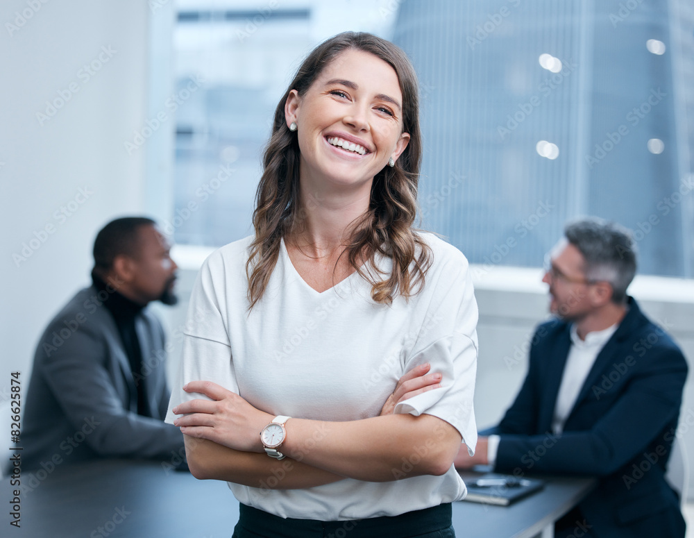 Fototapeta premium Portrait, employee and woman in boardroom, smile and confidence in corporate and auditor. Office, bookkeeper and person on table, business meeting and collaboration for planning of project and goals