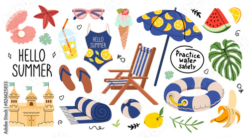 Cute Summer Stickers Set. Tropical vacation. Hello summer and water safety lettering. Beach holiday elements and activities. Lemonade, sunbed, umbrella, sand castle, lifebuoy. Vector illustration.