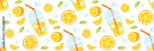 Fresh lemons lemonade seamless pattern. Bright summer background for restaurants, cafe menus. Take away summer drink. Berries, leaves, ice cubes. Food and drinks. Vector flat illustration.