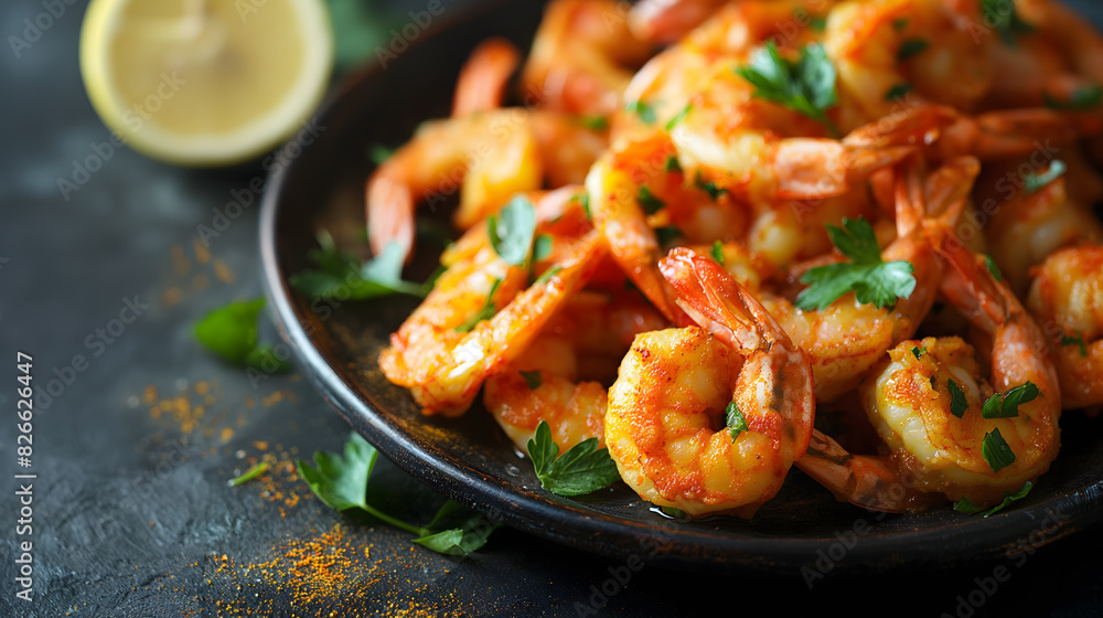 Spicy Grilled Shrimp Plate with Lemon and Herbs on Dark Background Spicy Grilled Shrimp Plate with Lemon and Herbs on Dark Background