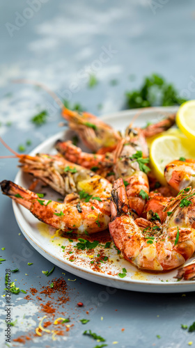 Grilled Spicy Shrimp with Lemon and Herbs on a Plate