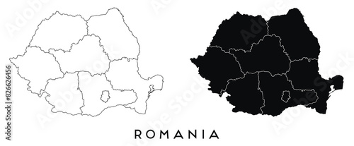 Romania map of city regions districts vector black on white and outline