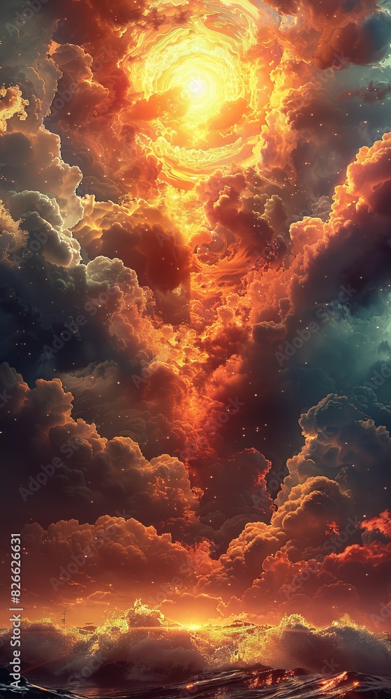 Obraz premium Vivid hues blend with abstract clouds in the summer sky, painting a picturesque scene of bright colors