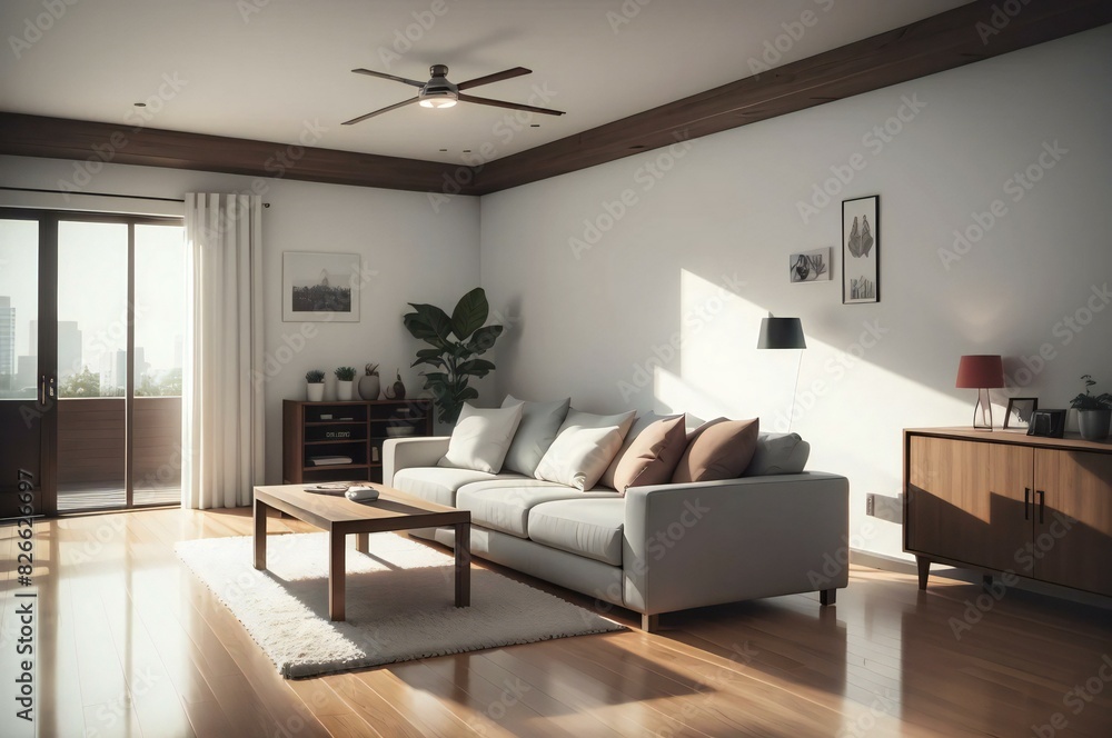 Modern living room with ample space, cozy sofa, wooden furnishings, and expansive windows offering breathtaking city views during the day Modern living room with ample space, cozy sofa, wooden furnishings, and expansive windows offering breathtaking city views during the day