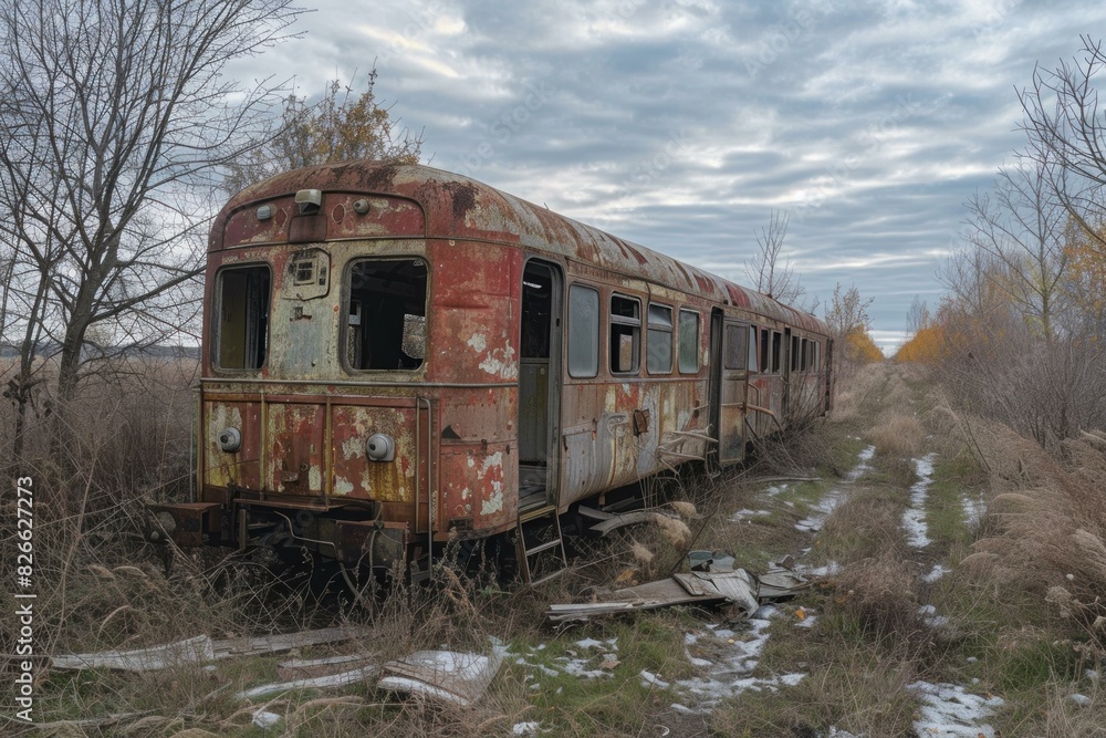 Old, decaying train car sits forgotten amidst weeds and trees under an overcast sky Old, decaying train car sits forgotten amidst weeds and trees under an overcast sky