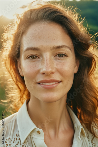 A headshot portrait of a beautiful young woman