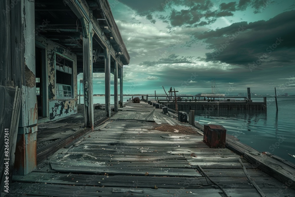 Obraz premium Weathered wooden boards line the path of a deserted dock facing a gloomy, overcast sky