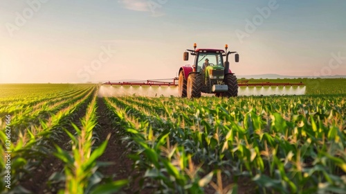 A farmer drives a tractor outfitted with sprayers  tending to a vibrant cornfield under a clear sky.