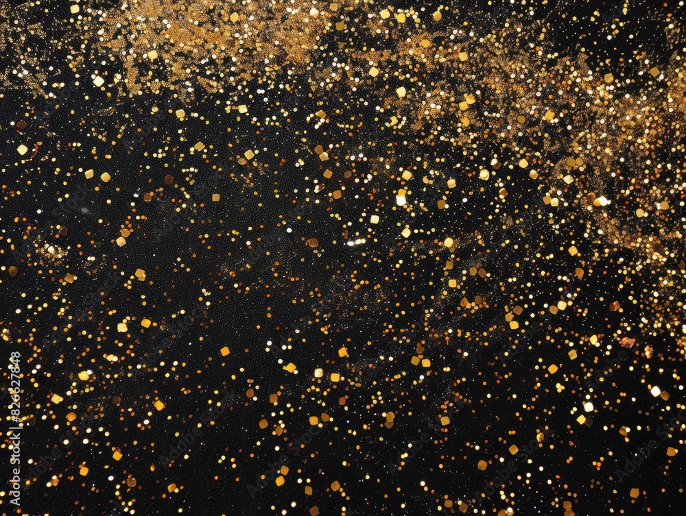 A golden glitter texture scattered across a solid black background, offering a striking contrast and luxurious feel A golden glitter texture scattered across a solid black background, offering a striking contrast and luxurious feel