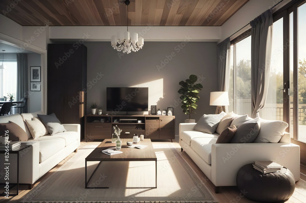 Fototapeta premium Contemporary living room with stylish furniture and warm wood tones, bathed in sunlight from large windows