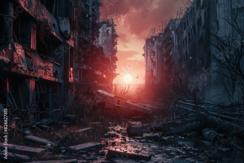 Eerie apocalyptic urban sunset over desolate cityscape with abandoned buildings. Dramatic red sky. And postcollapse wreckage. Gloomy future