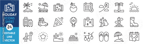 A set of line icons related to Holiday. Holiday, travel, visit, beach, hiking, hike, sunshine, boot, freshness and so on. Vector outline icons set.