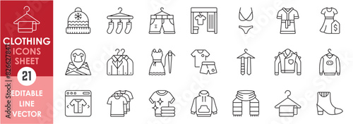 A set of line icons related to clothing. Various clothes including shirt, suit, t-shirt, ladies dress, sweater, bikini, online shopping and so on. Vector outline icons set of dresses.