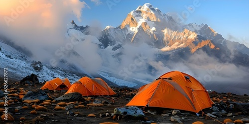 Experience the excitement of highaltitude camping with stunning mountain peak views. Concept Mountain Camping, High Altitude Adventure, Peak Views, Outdoor Excitement, Nature Experience photo