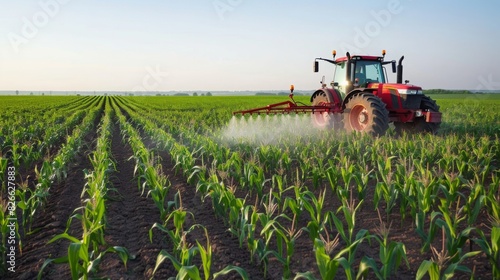 A tractor equipped with a pesticide sprayer moving through a corn field, applying chemicals to protect the crop from pests and diseases.