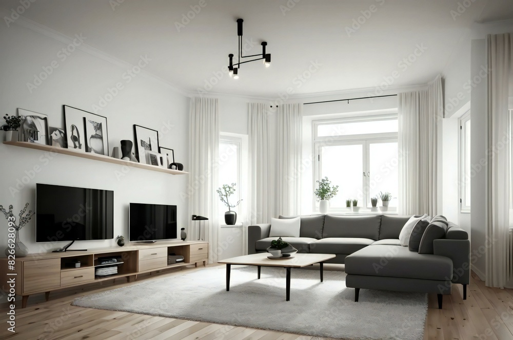 Fototapeta premium Contemporary living room with a cozy grey sofa, wooden furnishings, and stylish decor in neutral tones