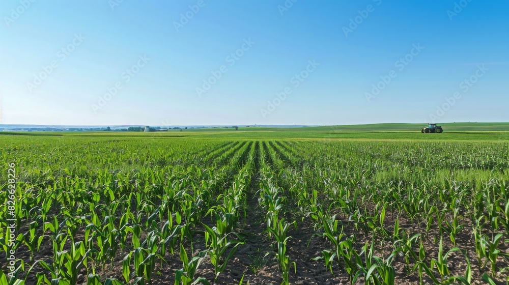 A vast cornfield under a clear, blue sky in rural countryside, with a distant tractor working on the horizon. A vast cornfield under a clear, blue sky in rural countryside, with a distant tractor working on the horizon.