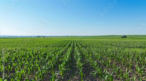 A vast cornfield under a clear, blue sky in rural countryside, with a distant tractor working on the horizon.