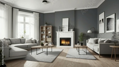 Modern living room featuring a minimalist design  a warm fireplace  neutral colors  and stylish decor  creating a cozy and chic atmosphere