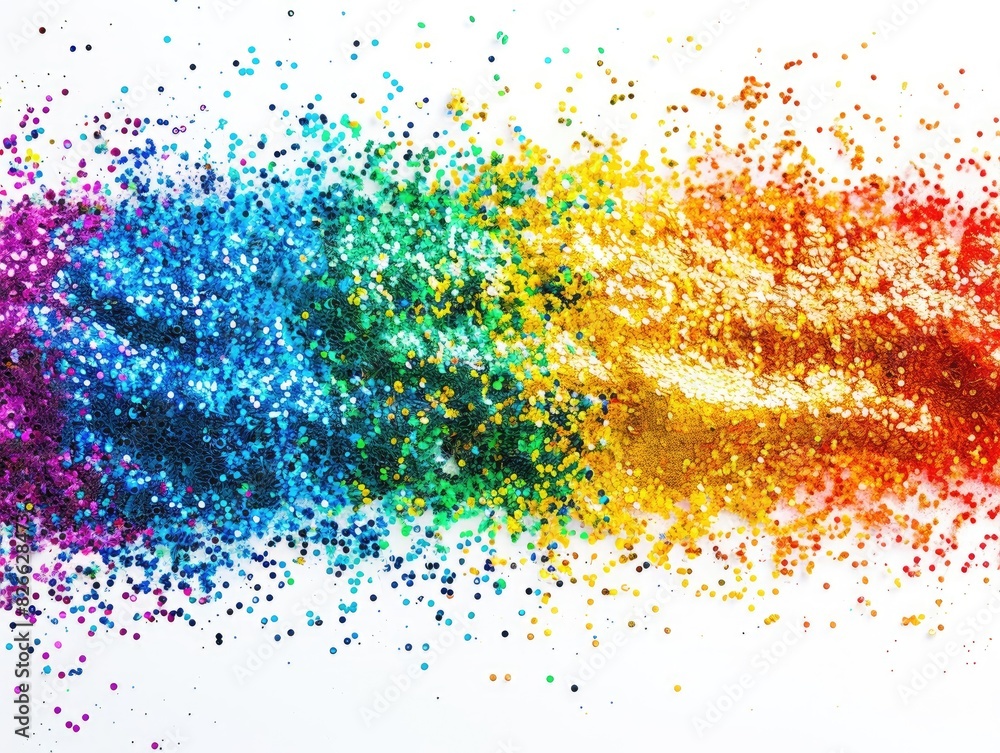 A photo of rainbow glitter spread across a solid white background, capturing the vibrant and playful nature of the scene. A photo of rainbow glitter spread across a solid white background, capturing the vibrant and playful nature of the scene.