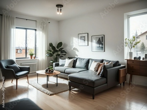 Bright and cozy living room featuring a stylish sofa, armchair, and decorative houseplants, with natural light streaming through windows