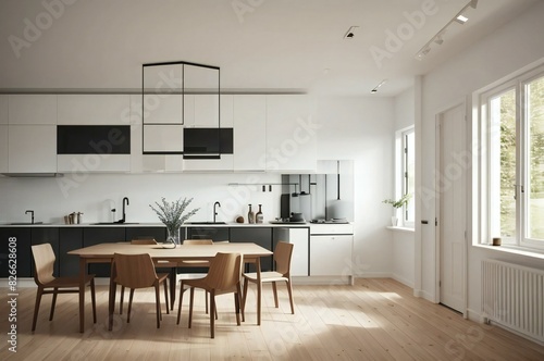 Modern kitchen design with stylish cabinetry, natural wood dining set, and plenty of sunlight in a minimalist scandinavian-inspired home