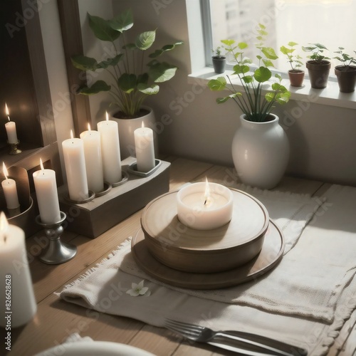 Cozy dining space captured at sunset  featuring lit candles  fresh green plants  and elegant tableware on a rustic wooden table