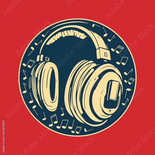 Logo of large studio headphones surrounded by musical notes. Blue round icon, emblem on a red background. Vector illustration