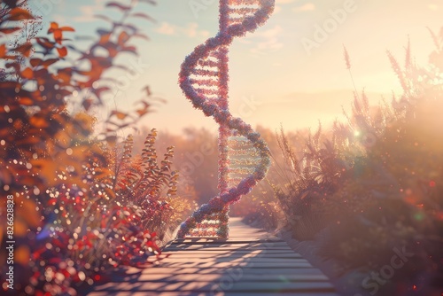 3D render flat design of a DNA spiral in the context of a cancer journey, inspirational theme, warm color scheme selective focus, path to recovery, dynamic, Double exposure, serene landscape backdrop photo