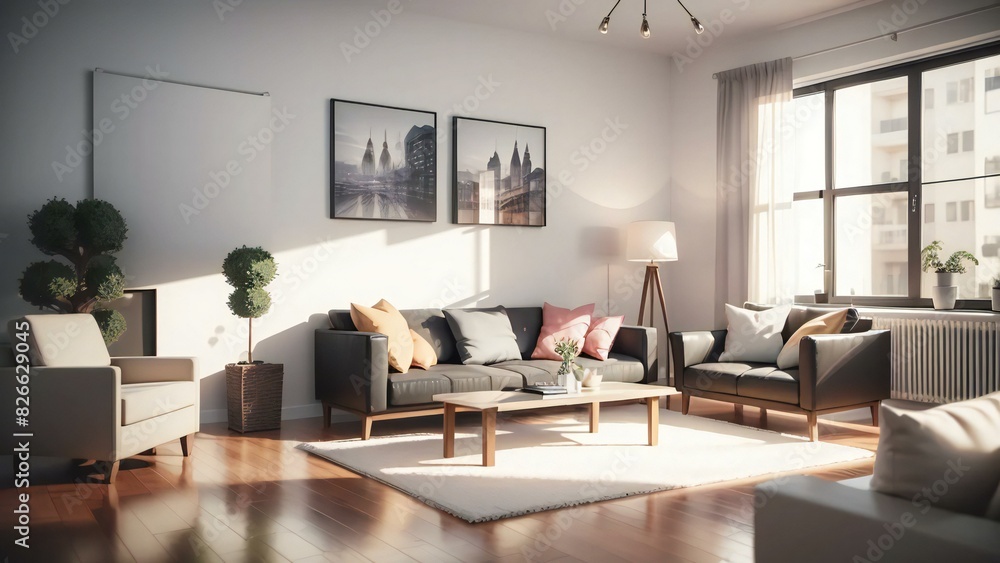 Inviting and warm living room with modern furnishings and abundant natural light, perfect for relaxation Inviting and warm living room with modern furnishings and abundant natural light, perfect for relaxation