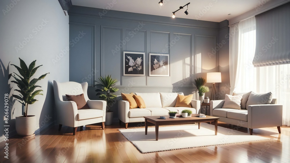 Fototapeta premium Elegant and spacious living room interior design with cozy white sofas, stylish decor, and abundant natural sunlight filtering through curtains