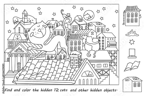 Find and color the hidden objects. Cats on the roofs of city houses at night. Coloring page. Puzzle game for kids. Printable education worksheet. Sketch vector illustration.