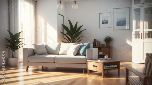 Inviting and serene living room with elegant furniture, warm lighting, wooden floors, and lush green plants