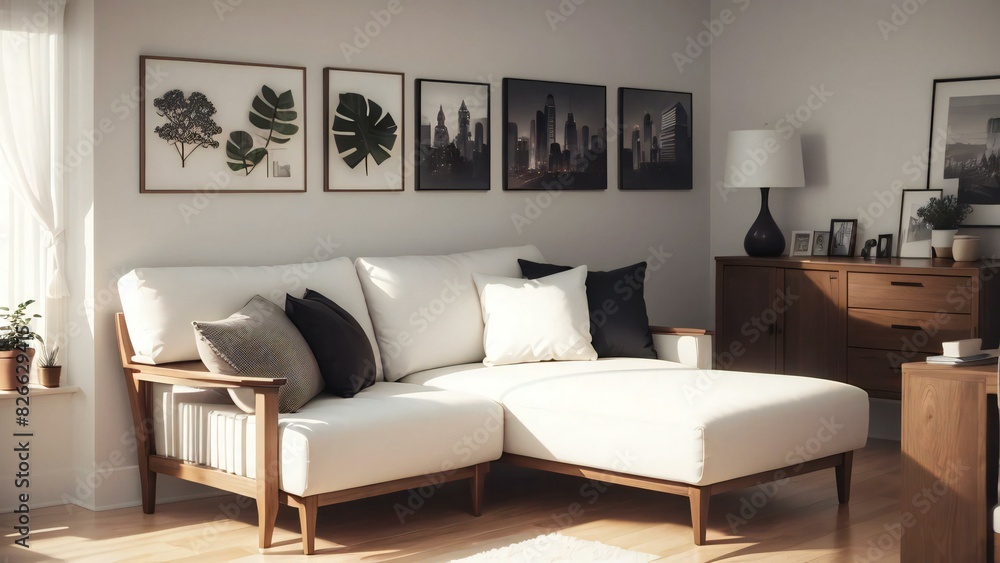 Inviting and chic living room design with a white sectional sofa, wooden furnishings, and framed wall art bathed in natural light Inviting and chic living room design with a white sectional sofa, wooden furnishings, and framed wall art bathed in natural light