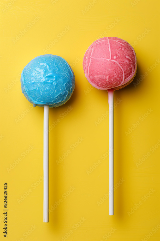 two lollipops, one pink and the other blue, on yellow background, product photography