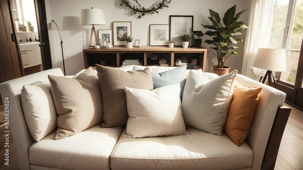 Stylish living room with a cozy couch, decorative cushions, chic lighting, and a personal touch of framed pictures Stylish living room with a cozy couch, decorative cushions, chic lighting, and a personal touch of framed pictures