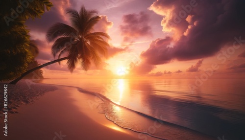 Idyllic scene capturing the tranquil beauty of a tropical beach at sunrise. The sky is painted in vibrant hues of pastel orange, pink with the sun partially hidden behind the horizon. 