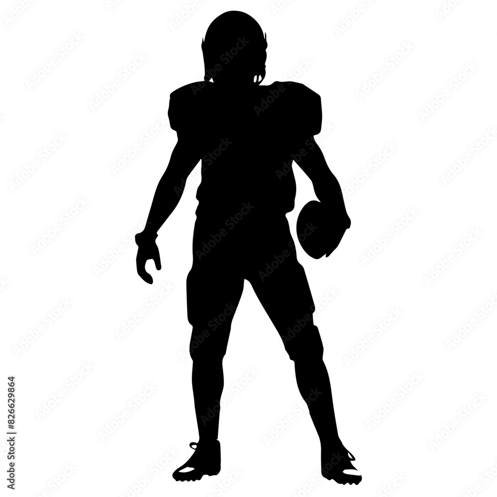 A silhouette of a male football player in a uniform , standing in a ready stance A silhouette of a male football player in a uniform , standing in a ready stance