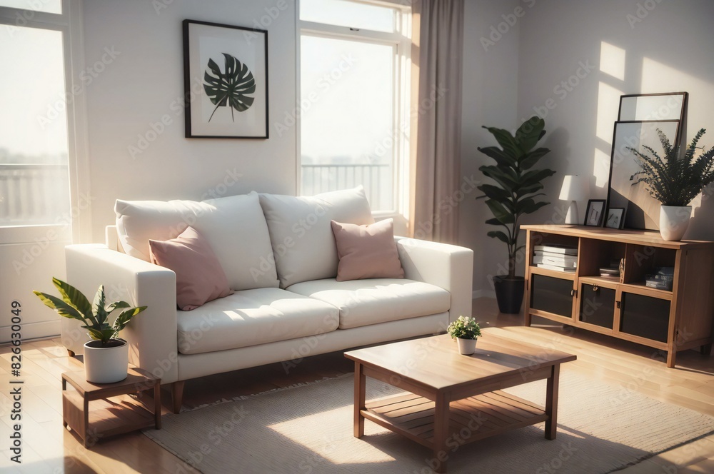 Fototapeta premium Inviting living room filled with natural sunlight, a cozy sofa, plants, and chic home decor