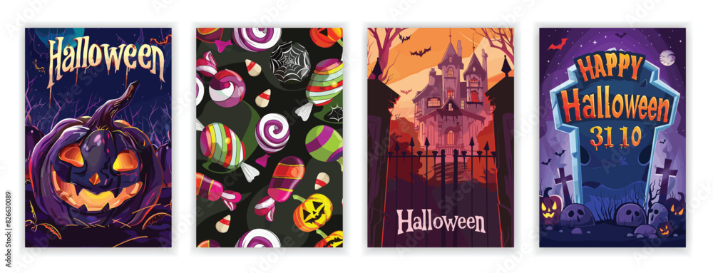Obraz premium Set of 4 Halloween Party Poster Set with Spooky Mansion, Graveyard, Candies, and Pumpkins. Horror Night Art Covers for October 31 Holiday Evening Promotions. Typography and Illustrations for EPS Print
