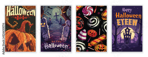 Set of 4 Halloween Party Poster Set with Spooky Mansion, Graveyard, Candies, and Pumpkins. Horror Night Art Covers for October 31 Holiday Evening Promotions. Typography and Illustrations for EPS Print